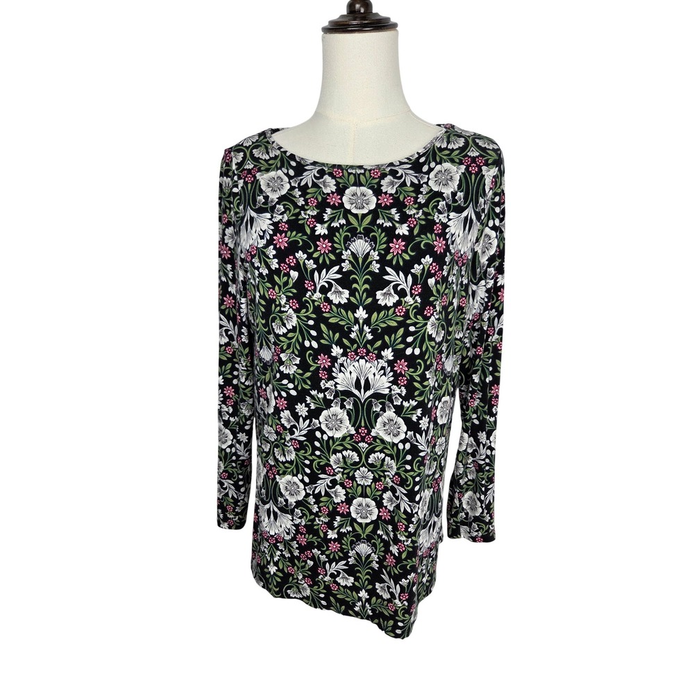 J. Jill Wearever Tunic Small Petite Black Floral Long Sleeve Cottagecore Boho